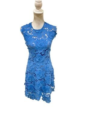 Catherine Deane Elegant Blue Floral Lace Cap-Sleeve Wedding Guest Dress sz 4